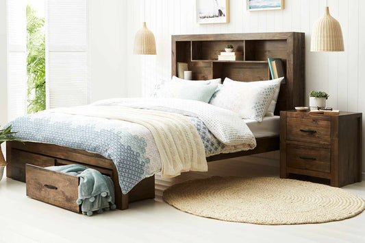 DOUBLE OR QUEEN GREELY (AUSSIE MADE) 3 PIECE (BEDSIDE) BEDROOM SUITE - ASSORTED STAINED COLOURS