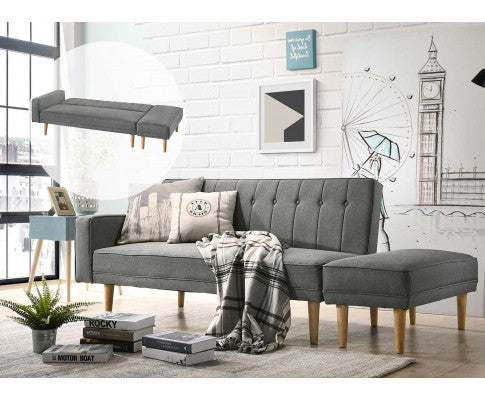 Azalea Fabric 3 Seater Sofa Bed With Ottoman - Light Grey
