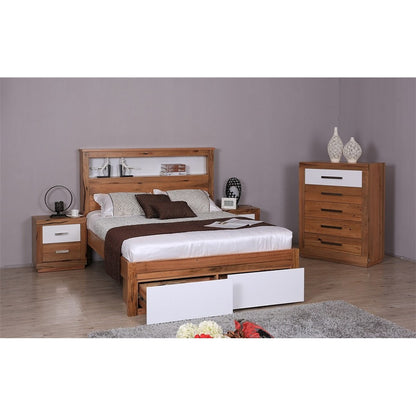 DESTINY  QUEEN  HARDWOOD TIMBER 4 PIECE  TALLBOY  BEDROOM SUITE (8-1-12-5) - NATURAL / WHITE