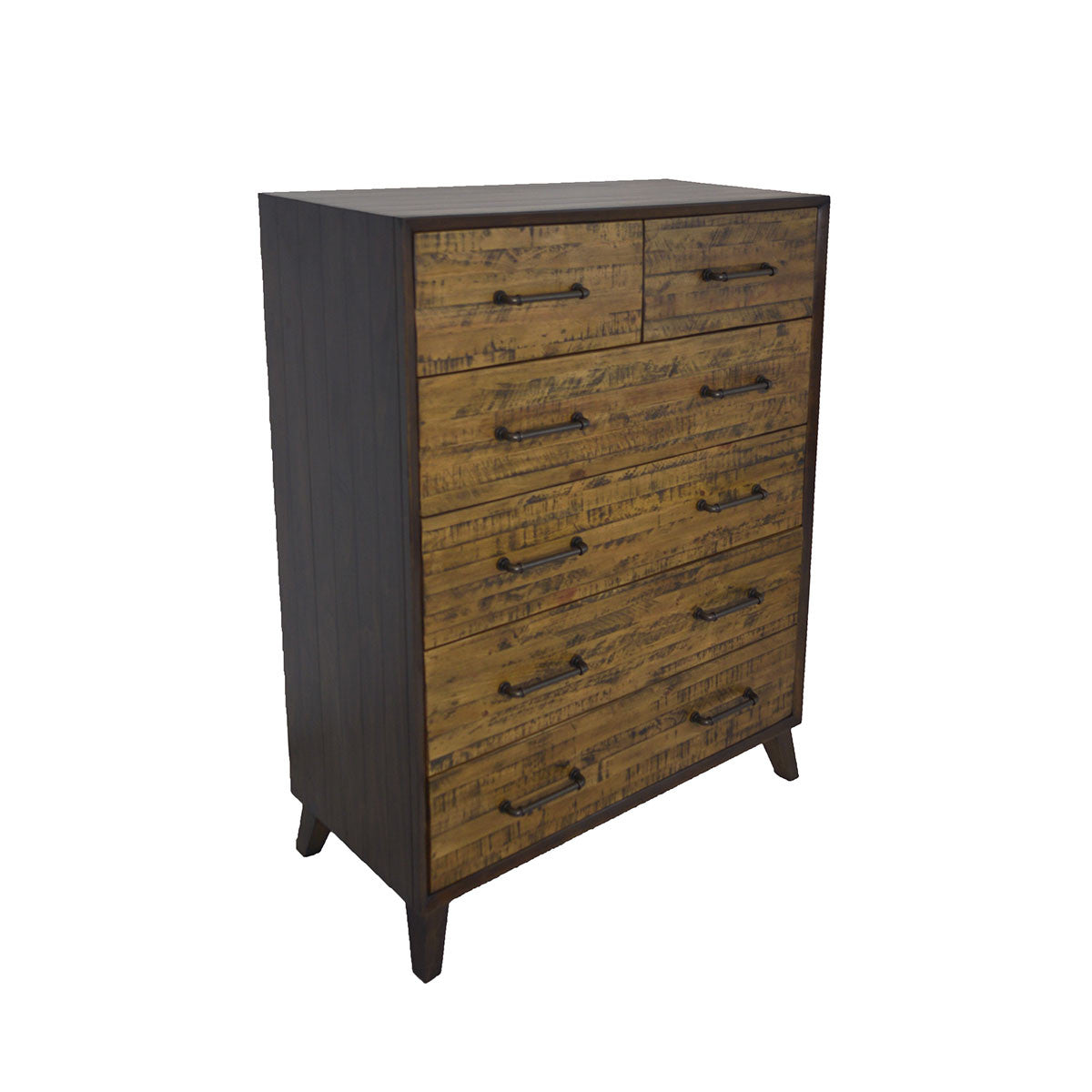 HASTINGS  RECYCLED  TIMBER  QUEEN 4 PIECE TALLBOY BEDROOM SUITE - DARK / AGED ROUGH SEWN