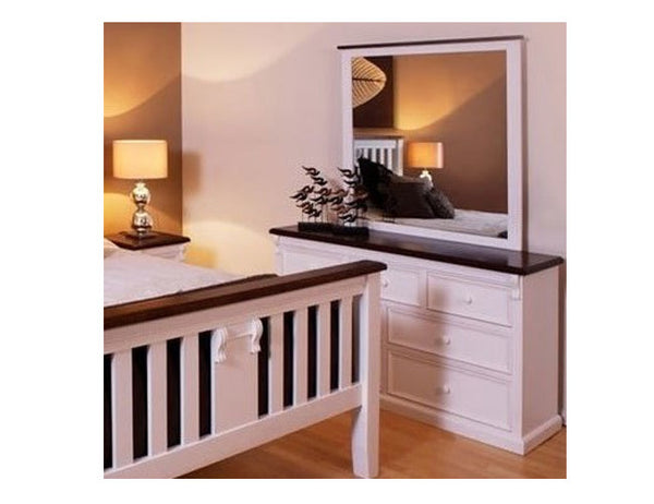 JANE 7 DRAWER DRESSING TABLE AND MIRROR - 800(H) x 1500(W) - WHITE / WALNUT TOP