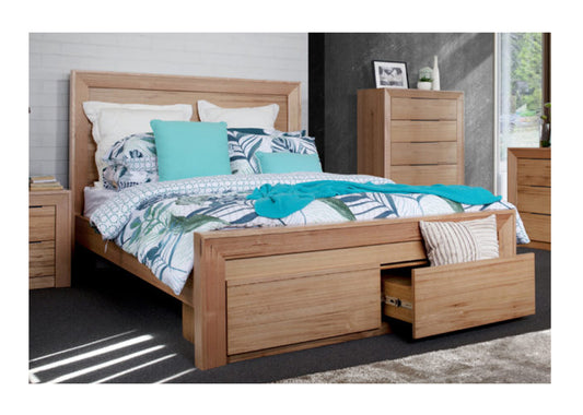 QUEEN LUCILLE BED WITH 2 UNDER BED STORAGE DRAWERS - MESSMATE CLEAR