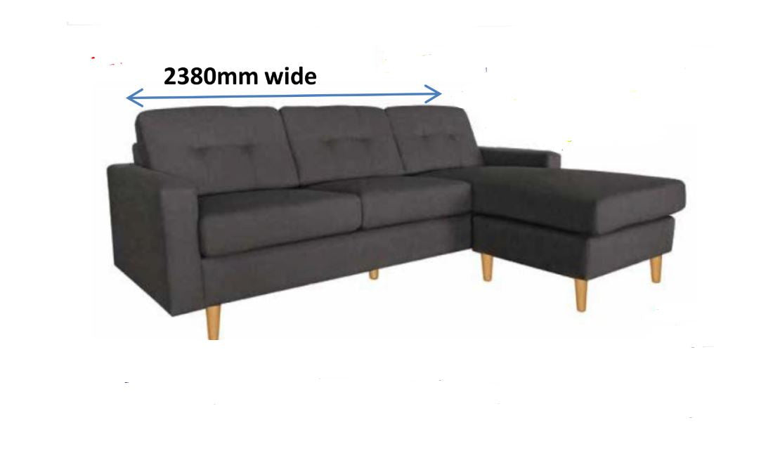 Lilly 3 Seater Fabric Sofa + Reversible Chase - Black