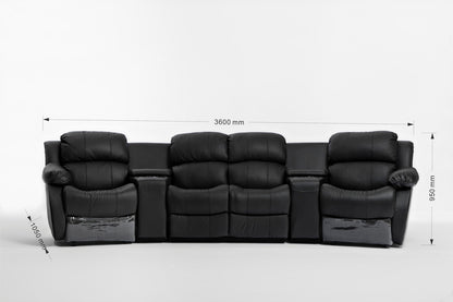 NIKKI 4 SEATER 100% LEATHER/ETTE COMBINATION HOME THEATRE ENTERTAINMENT LOUNGE SUITE WITH 4 RECLINERS - BLACK