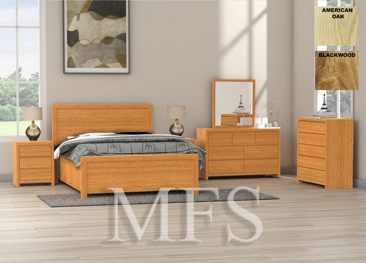 DOUBLE OR QUEEN MORGAN (AUSSIE MADE) 5 PIECE (DRESSER) BEDROOM SUITE WITH 4 UNDERBED STORAGE DRAWERS - BLACKWOOD OR AMERICAN OAK