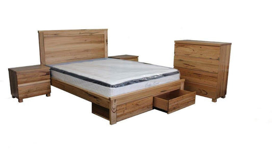 KING OAKLAND (AUSSIE MADE) BED - WITH 2 FOOT END UNDER BED STORAGE DRAWERS - ASSORTED STAINED COLOURS