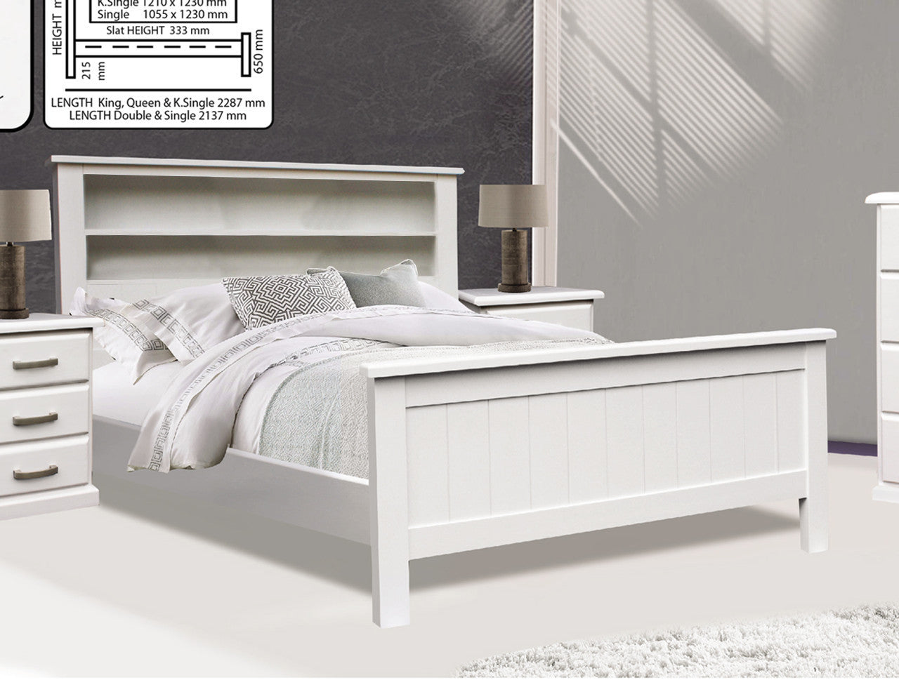 KING SINGLE QUINTON TIMBER BED FRAME WITH BOOKCASE BEDHEAD - ASSORTED PAINTED COLOURS