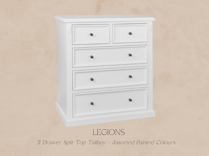LEGIONS 5 DRAWER SPLIT TOP TALLBOY - ASSORTED PAINTED COLOURS