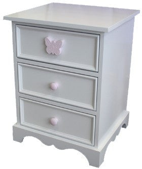 PRINCESS 3 DRAWER BEDSIDE WITH STANDARD WOODEN KNOBS (NOT AS PICTURED) - PRICED IN ASSORTED COLOURS (VIC ASH AND PINE OPTIONS ALSO AVAILABLE - PRICE ON APPLICATION) - CUSTOMISATION AVAILABLE