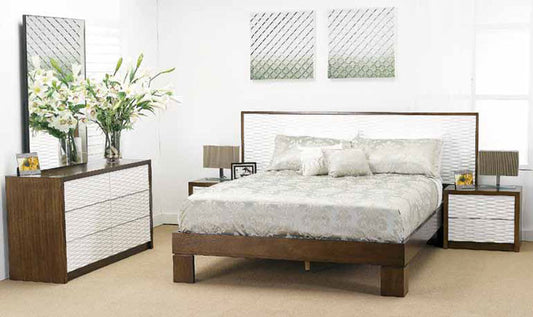 WAVES QUEEN 4 PIECE TALLBOY BEDROOM SUITE - WALNUT AND WHITE