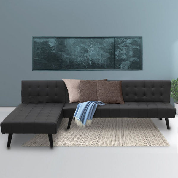 MONET 3-SEATER FAUX LEATHER SOFA BED LOUNGE CHAISE COUCH - BLACK
