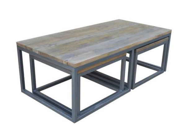 MANGO COFFEE  TABLE WITH METAL LEGS - SET OF 3 -(WOBN-008) - NATURAL DISTRESSED FINISH