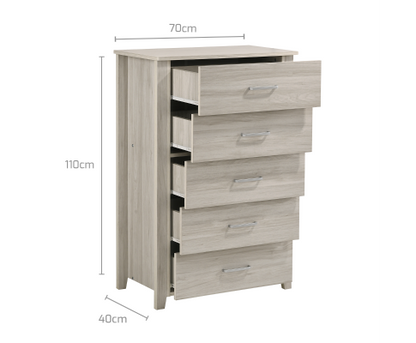 HILTON 5 DRAWER LAMINATED TALLBOY - 1100(H) x 700(W) -  WHITE WASHED