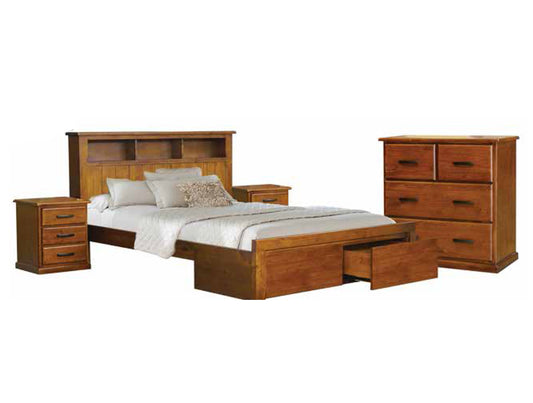 QUEEN MERCED TIMBER BED WITH 2 UNDER BED STORAGE DRAWERS - ANTIQUE OAK