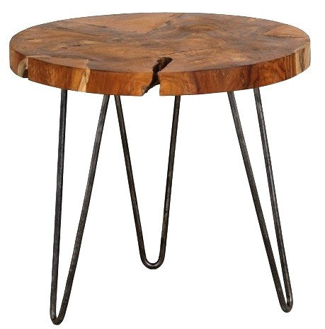 ROOT TEAK ROUND SIDE TABLE WITH IRON LEGS - NATURAL / BLACK